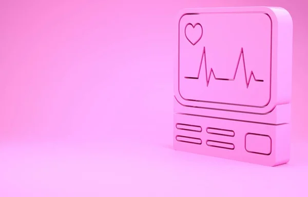 Pembe arkaplanda kardiyogram simgesi olan pembe bilgisayar monitörü. Simge denetleniyor. Kalp atışı elle çizilmiş EKG monitörü. Minimalizm kavramı. 3d illüstrasyon 3d canlandırma — Stok fotoğraf