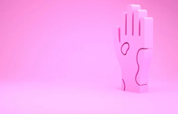 Розовая рука с псориазом или экземой значок изолирован на розовом фоне. Концепция реакции кожи человека на аллерген или хроническую проблему организма. Концепция минимализма. 3D-рендеринг — стоковое фото