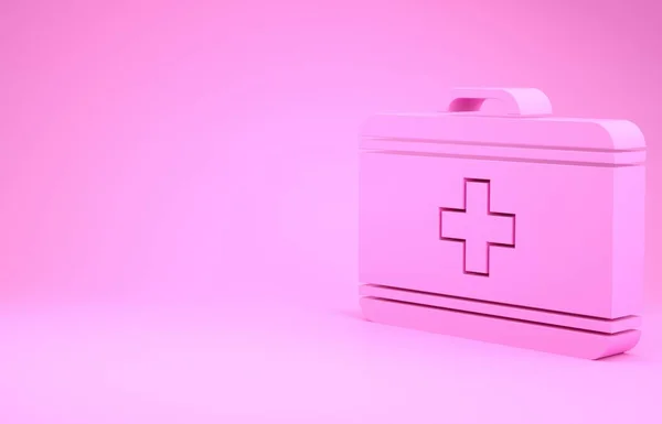 粉红色背景的粉色急救箱图标。有交叉的医疗盒紧急医疗设备。卫生保健概念。最低纲领的概念。3D渲染3D插图 — 图库照片