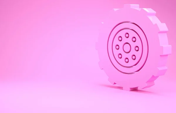 Rózsaszín autó kerék ikon elszigetelt rózsaszín háttér. Minimalizmus koncepció. 3d illusztráció 3D render — Stock Fotó