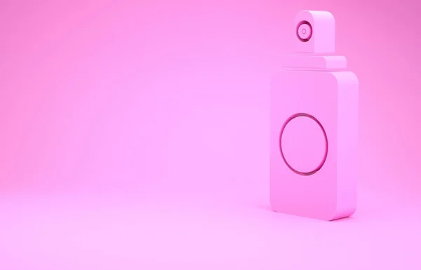 Ροζ σπρέι για αποσμητικό χώρου, λακ, αποσμητικό, αντιιδρωτικό εικονίδιο που απομονώνεται σε ροζ φόντο. Μινιμαλιστική έννοια. 3d απεικόνιση 3D καθιστούν — Φωτογραφία Αρχείου
