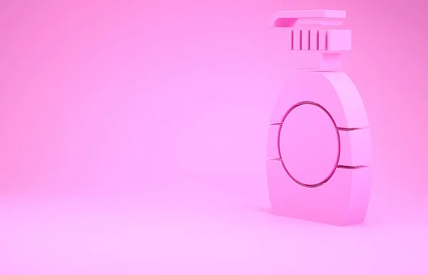 Flacone rosa di sapone liquido antibatterico con icona dispenser isolato su sfondo rosa. Disinfezione, igiene, cura della pelle. Concetto minimalista. Illustrazione 3d rendering 3D — Foto Stock