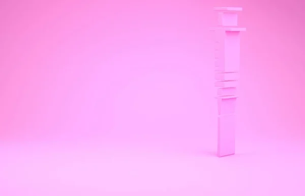 Różowa ikona strzykawki na różowym tle. Strzykawka do szczepionki, szczepienia, wstrzyknięcia, szczepionka przeciw grypie. Sprzęt medyczny. Koncepcja minimalizmu. Ilustracja 3D 3D renderowania — Zdjęcie stockowe