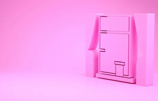 Рожеве вікно зі шторами на піктограмі кімнати ізольовано на рожевому фоні. Концепція мінімалізму. 3D ілюстрація 3D рендеринга — стокове фото