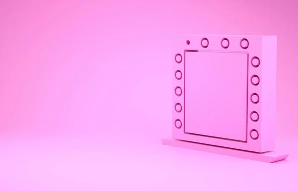 Espelho de maquiagem rosa com luzes ícone isolado no fundo rosa. Conceito de minimalismo. 3D ilustração 3D render — Fotografia de Stock