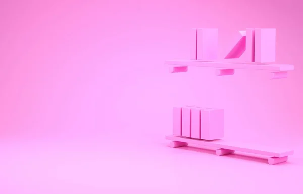 Prateleira rosa com ícones de livros isolados em fundo rosa. Sinal de prateleiras. Conceito de minimalismo. 3D ilustração 3D render — Fotografia de Stock