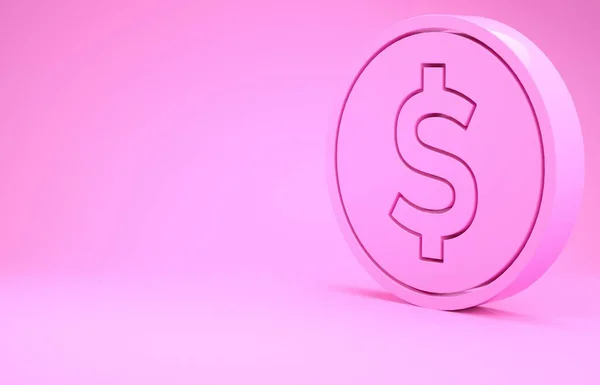 Růžové mince peníze s ikonou symbol dolaru izolované na růžovém pozadí. Bankovní směnka. Hotovostní symbol. Minimalismus. 3D ilustrace 3D vykreslení — Stock fotografie