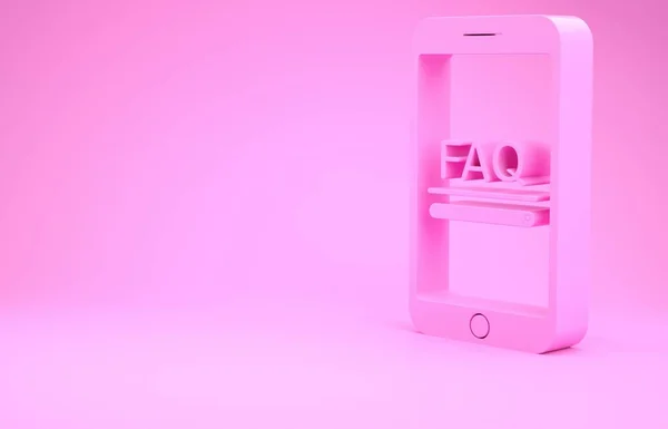 Pink Mobile phone with text FAQ information icon isolated on pink background. Frequently asked questions. Minimalism concept. 3d illustration 3D render