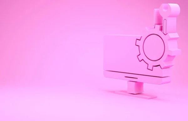 Monitor de computador rosa com chave de fenda e ícone de chave de fenda isolado no fundo rosa. Ajuste, serviço, configuração, manutenção, reparo. Conceito de minimalismo. 3D ilustração 3D render — Fotografia de Stock