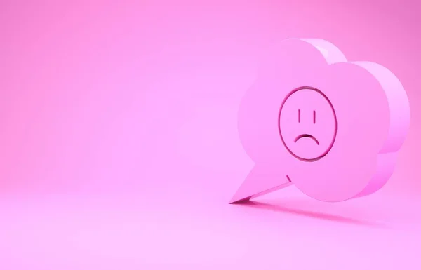 Bolha de fala rosa com ícone de sorriso triste isolado no fundo rosa. Cara de Emoticon. Conceito de minimalismo. 3D ilustração 3D render — Fotografia de Stock