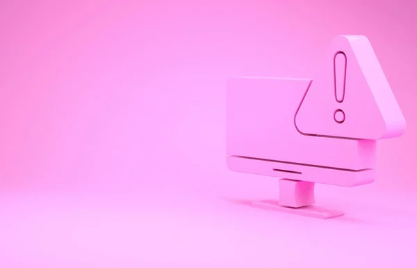 Розовый монитор компьютера с восклицательным знаком значок изолирован на розовом фоне. Сообщите об этом на смартфон. Концепция минимализма. 3D-рендеринг — стоковое фото