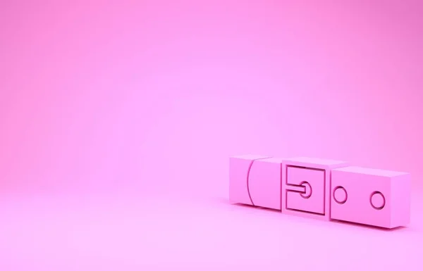 Różowy skórzany pas z zapinaną na guzik stalową ikoną na różowym tle. Koncepcja minimalizmu. Ilustracja 3D 3D renderowania — Zdjęcie stockowe