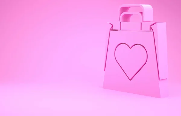 Borsa shopping rosa con icona del cuore isolata su sfondo rosa. Shopping bag negozio amore come icona del cuore. Simbolo di San Valentino. Concetto minimalista. Illustrazione 3d rendering 3D — Foto Stock