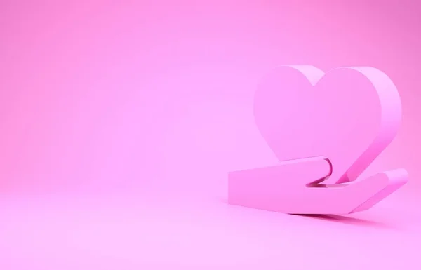 Różowe Serce na dłoni ikona izolowane na różowym tle. Ręka dająca symbol miłości. Symbolem Walentynek. Koncepcja minimalizmu. Ilustracja 3D 3D renderowania — Zdjęcie stockowe
