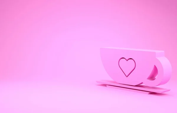 Pink Coffee cup and heart icon isolated on pink background. Couple coffee for lovers on Valentines Day. Minimalism concept. 3d illustration 3D render — Stock Photo, Image