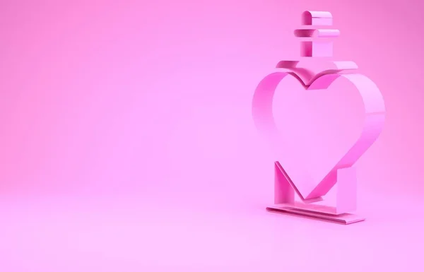 Różowa butelka z ikoną miłosnego eliksiru na różowym tle. Symbolem Walentynek. Koncepcja minimalizmu. Ilustracja 3D 3D renderowania — Zdjęcie stockowe