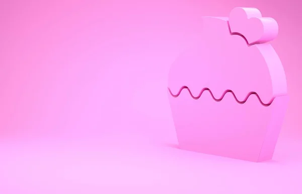 Pastel de boda rosa con icono del corazón aislado sobre fondo rosa. Símbolo de San Valentín. Concepto minimalista. 3D ilustración 3D render —  Fotos de Stock