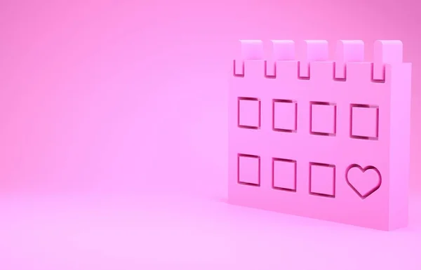 Calendario rosa con icona del cuore isolato su sfondo rosa. San Valentino. Simbolo d'amore. 14 febbraio. Concetto minimalista. Illustrazione 3d rendering 3D — Foto Stock