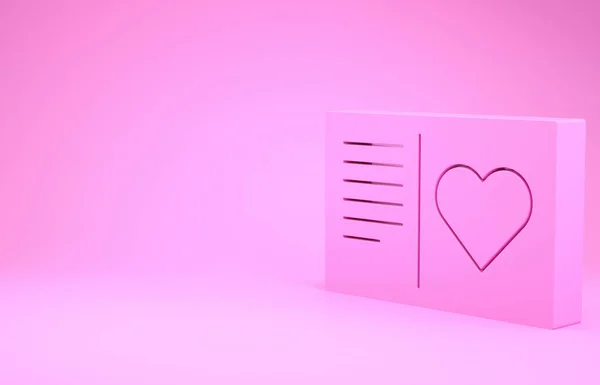 Folheto do dia dos namorados rosa com ícone do coração isolado no fundo rosa. Modelo de cartaz de celebração para convite ou cartão de saudação. Conceito de minimalismo. 3D ilustração 3D render — Fotografia de Stock