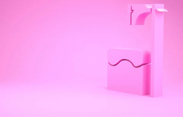 Machado executor rosa no ícone de bloco de árvore isolado em fundo rosa. Enforcado, torturador, executor, atormentador, carniceiro, chefe. Conceito de minimalismo. 3D ilustração 3D render — Fotografia de Stock