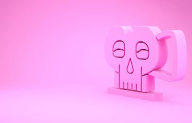Pembe arka planda izole edilmiş kafatası ikonundan pembe kupa. Minimalizm kavramı. 3d illüstrasyon 3B canlandırma