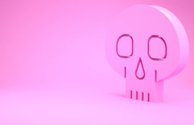 Pembe Kafatası simgesi pembe arka planda izole edilmiş. Minimalizm kavramı. 3d illüstrasyon 3B canlandırma