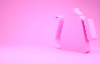 Pembe arka planda ikonu olan pembe çaydanlık. Çaydanlık ikonu. Minimalizm kavramı. 3d illüstrasyon 3B canlandırma