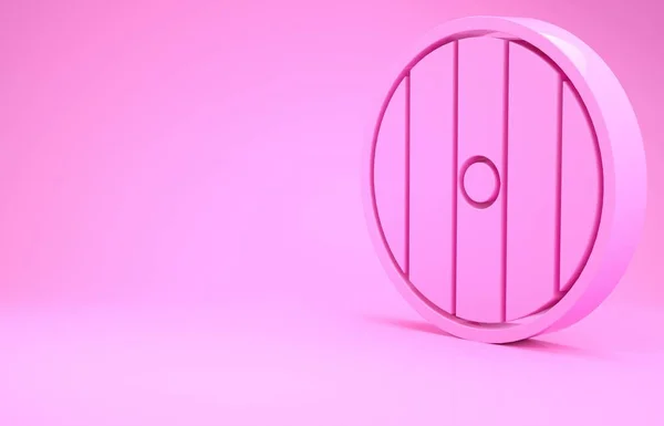 Ícone de escudo de madeira redonda rosa isolado no fundo rosa. Segurança, segurança, proteção, privacidade, conceito de guarda. Conceito de minimalismo. 3D ilustração 3D render — Fotografia de Stock