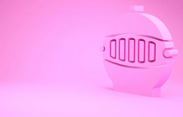 Mittelalterlicher rosafarbener Eisenhelm für das Symbol des Kopfschutzes auf rosa Hintergrund. Minimalismus-Konzept. 3D Illustration 3D Renderer — Stockfoto
