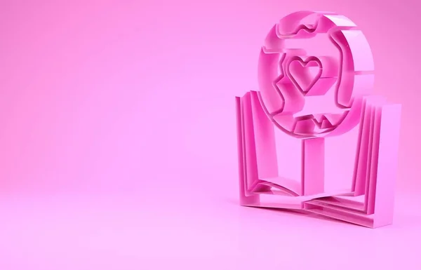 Globo de la Tierra Rosa e icono del libro aislado sobre fondo rosa. Signo del mundo o la Tierra. Símbolo global de Internet. Formas geométricas. Concepto minimalista. 3D ilustración 3D render —  Fotos de Stock