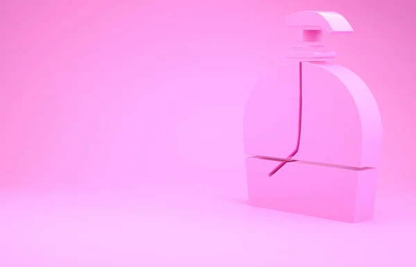 Růžová láhev tekutého antibakteriálního mýdla s ikonou dávkovače izolovanou na růžovém pozadí. Dezinfekce, hygiena, péče o pleť. Minimalismus. 3D ilustrace 3D vykreslení — Stock fotografie