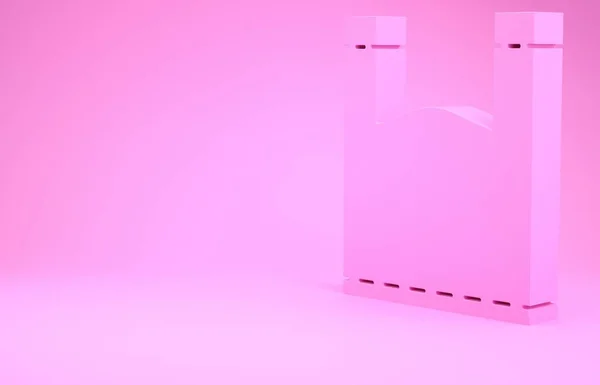 Rózsaszín műanyag táska ikon elszigetelt rózsaszín háttér. Eldobható celofán és polietén csomagolási tilalom jele. Minimalizmus koncepció. 3d illusztráció 3D render — Stock Fotó