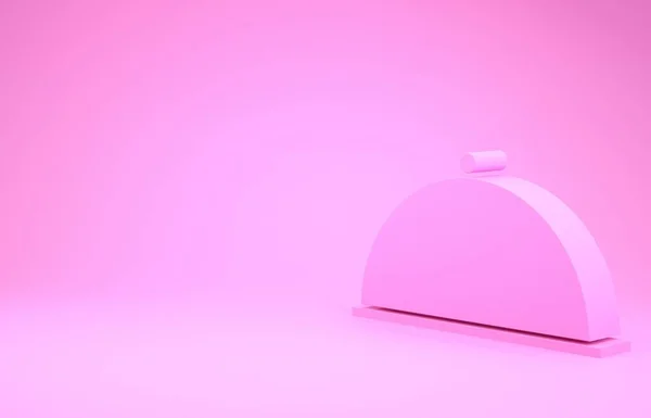 Rosa Täckt med en bricka med mat ikon isolerad på rosa bakgrund. Bricka och lock. Restaurang cloche med lock. Köksutrustning symbol. Minimalistiskt koncept. 3D-återgivning för 3D — Stockfoto