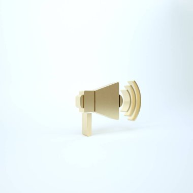 Beyaz arkaplanda izole edilmiş altın megafon simgesi. Yüksek sesle konuşma uyarısı. Ağızlık için megafon, terfi diye bağırıyor. 3d illüstrasyon 3B canlandırma