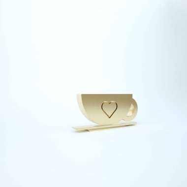 Altın kahve fincanı ve kalp ikonu beyaz arka planda izole edilmiş. Sevgililer Günü 'nde sevgililer için birkaç kahve. 3d illüstrasyon 3B canlandırma