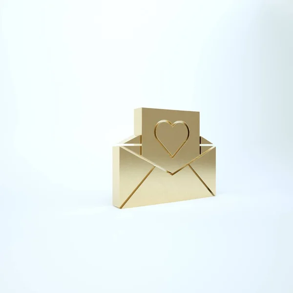Arany boríték Valentin szív ikon elszigetelt fehér háttérrel. Üzenetszeretet. Levél szerelem és romantika. 3d illusztráció 3D render — Stock Fotó