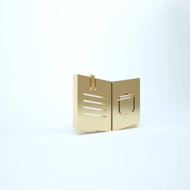 Beyaz arkaplanda izole edilmiş Altın Yemek Kitabı simgesi. Yemek kitabı ikonu. Yemek tarifi kitabı. Çatal ve bıçak ikonları. Çatal bıçak sembolü. 3d illüstrasyon 3B canlandırma