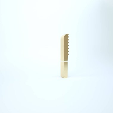 Beyaz arka planda izole edilmiş altın ekmek bıçağı ikonu. Çatal bıçak sembolü. 3d illüstrasyon 3B canlandırma