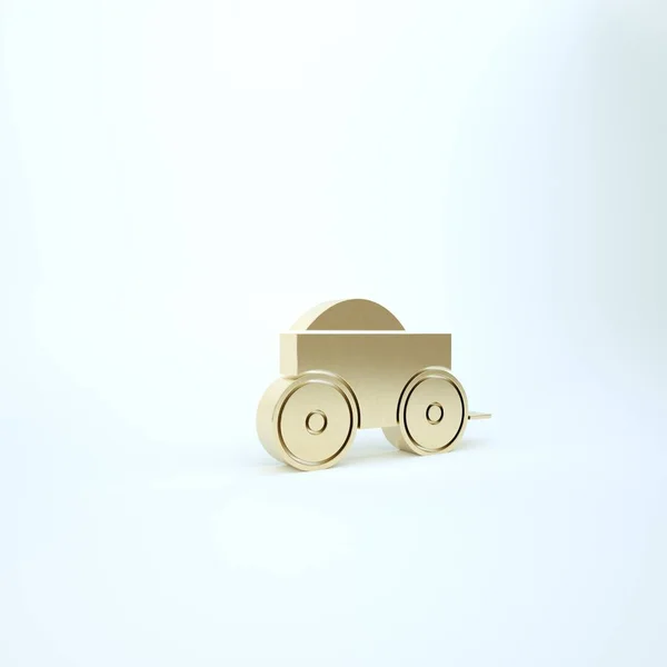 Χρυσό ξύλινο καρότσι τεσσάρων τροχών με εικονίδιο σανό απομονώνονται σε λευκό φόντο. 3d απεικόνιση 3D καθιστούν — Φωτογραφία Αρχείου