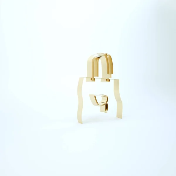 Χρυσή χάρτινη τσάντα αγορών με ανακυκλωμένο εικονίδιο που απομονώνεται σε λευκό φόντο. Τσάντα με σύμβολο ανακύκλωσης. 3d απεικόνιση 3D καθιστούν — Φωτογραφία Αρχείου
