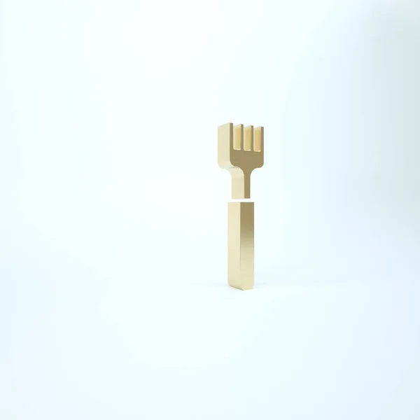 ホワイトの背景に金のフォークアイコンが孤立しています。かわいいシンボル。3Dイラスト3Dレンダリング — ストック写真