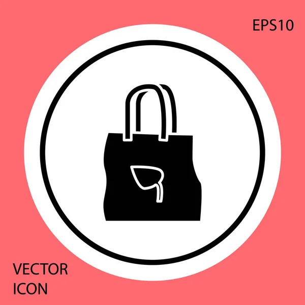 Schwarze Einkaufstasche aus Papier mit Recycling-Symbol auf rotem Hintergrund. Tasche mit Recycling-Symbol. weißer Kreis-Knopf. Vektorillustration — Stockvektor