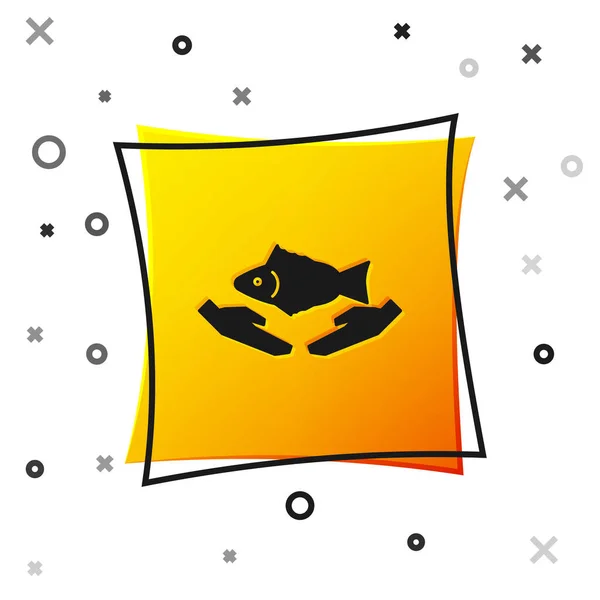 Icono de cuidado Black Fish aislado sobre fondo blanco. Botón cuadrado amarillo. Ilustración vectorial — Vector de stock