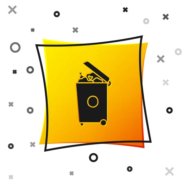 Siyah Çöp Kutusu simgesi beyaz arkaplanda izole edildi. Çöp kutusu tabelası. Sepet simgesini geri dönüştür. Ofis çöpü ikonu. Sarı kare düğme. Vektör İllüstrasyonu — Stok Vektör
