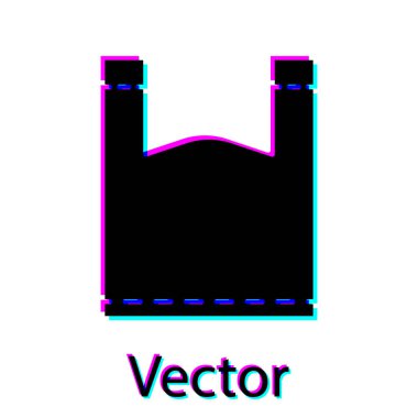 Siyah plastik torba simgesi beyaz arkaplanda izole edilmiş. Tek kullanımlık selofan ve politen paket yasaklama işareti. Vektör İllüstrasyonu