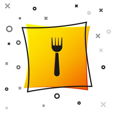 Black Disposable plastic fork icon isolated on white background. Yellow square button. Vector Illustration