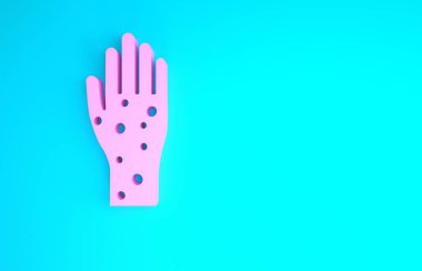 Mavi arka planda sedef ya da egzama ikonu olan Pembe El. Alerjene veya kronik vücut sorununa karşı insan derisi tepkisi kavramı. Minimalizm kavramı. 3d illüstrasyon 3B canlandırma