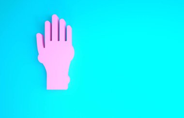 Mavi arka planda sedef ya da egzama ikonu olan Pembe El. Alerjene veya kronik vücut sorununa karşı insan derisi tepkisi kavramı. Minimalizm kavramı. 3d illüstrasyon 3B canlandırma