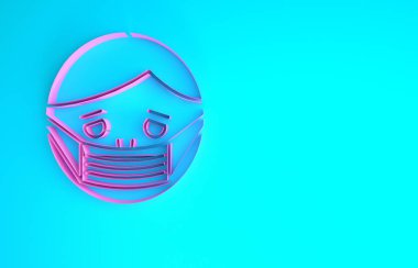 Mavi arka planda izole edilmiş bir tıbbi koruyucu maske ikonu içindeki Pembe Adam yüzü. Karantinaya alın. Minimalizm kavramı. 3d illüstrasyon 3B canlandırma