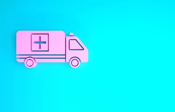 ピンクの救急車と青い背景に隔離された緊急車のアイコン。救急車医療避難。最小限の概念。3Dイラスト3Dレンダリング — ストック写真